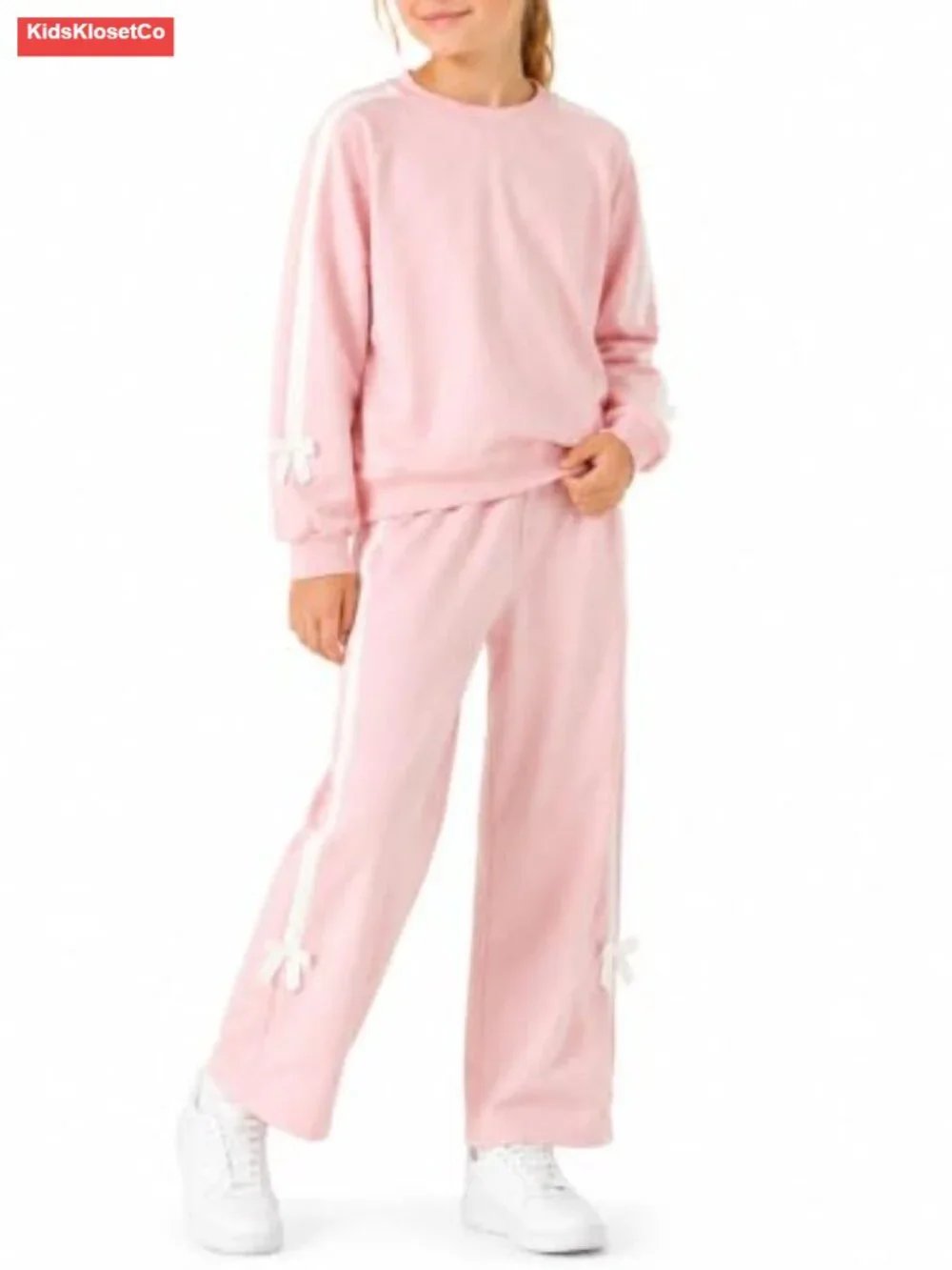 Girls 2-Piece Bow Sleeve Sweatshirt & Flare Pants Set Cotton Blend Activewear